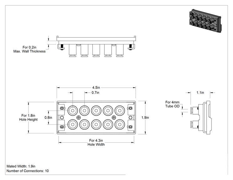 Teknik Çizim - Hava için Çok Hatlı Hızlı Bağlantı Tüp Bağlantısı, Duvar İçi, Cıvata Kilitli Soket, 4 mm Boru Dış Çapı, 10 Bağlantı