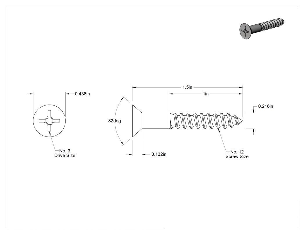 Teknik Çizim - Ahşap için Phillips Havşa Başlı Vidalar, 316 Paslanmaz Çelik, 12 Numaralı Boyut, 1-1/2" Uzunluk