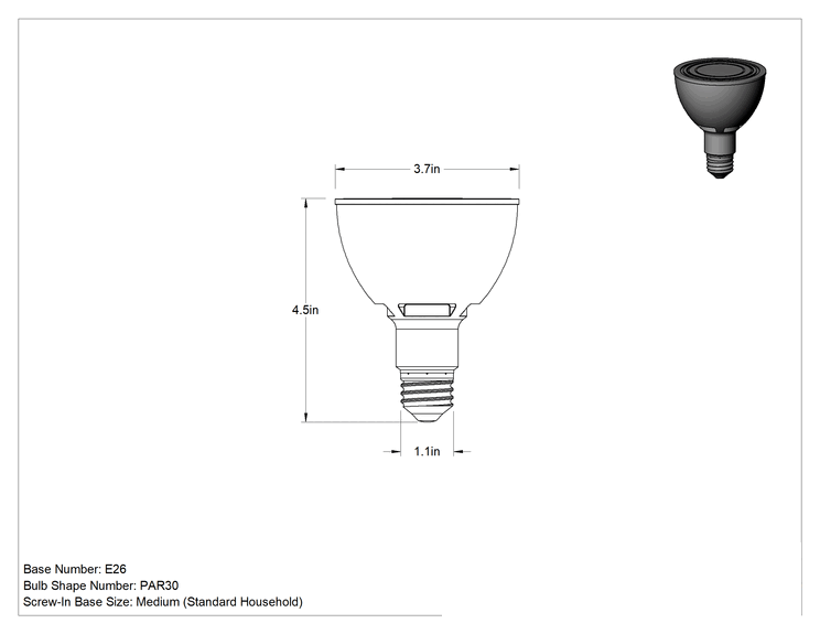 Teknik Çizim - Ampul, PAR30 Ampul, 12 Watt, 40 Derece Işın Açısı, 4-1/2" Uzunluk