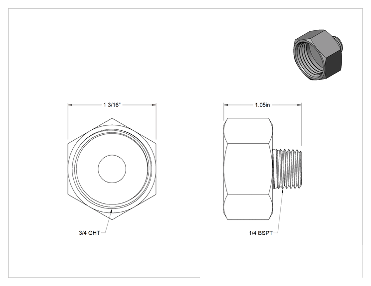 Teknik Çizim - Pirinç Tırnaklı Bahçe Hortumu Bağlantı Parçası, Pirinç Adaptör, 3/4 GHT Dişi x 1/4 BSPT Erkek