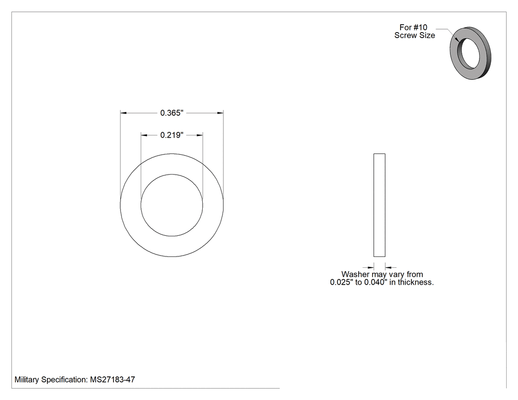 Teknik Çizim - Kadmiyum Kaplama Çelik Mil. Spesifikasyonlu Pul, Düşük Sürtünme, 10 Numaralı Vida için, 0.365" Dış Çap, MS27183-47