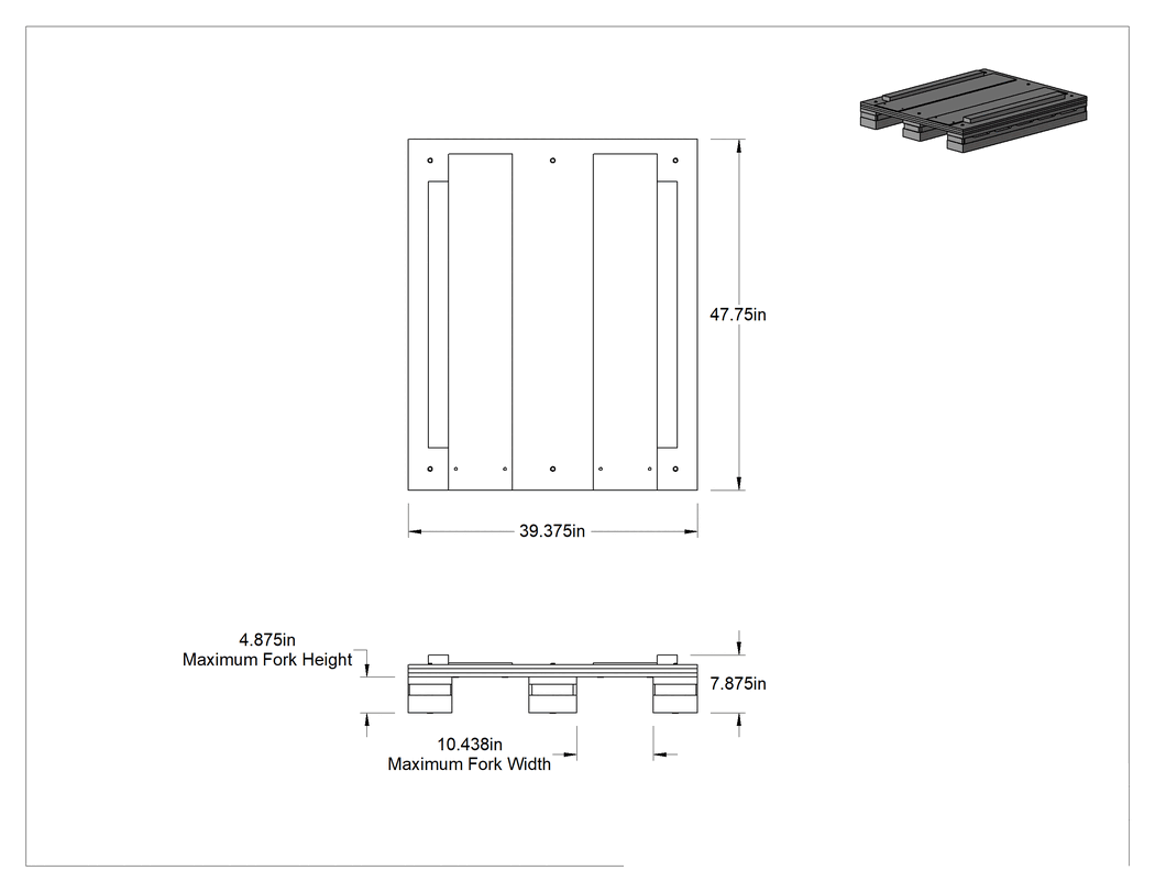 Teknik Çizim - Şok Emici Ahşap Palet, 40" Genişlik x 48" Derinlik x 6-1/2" Yükseklik