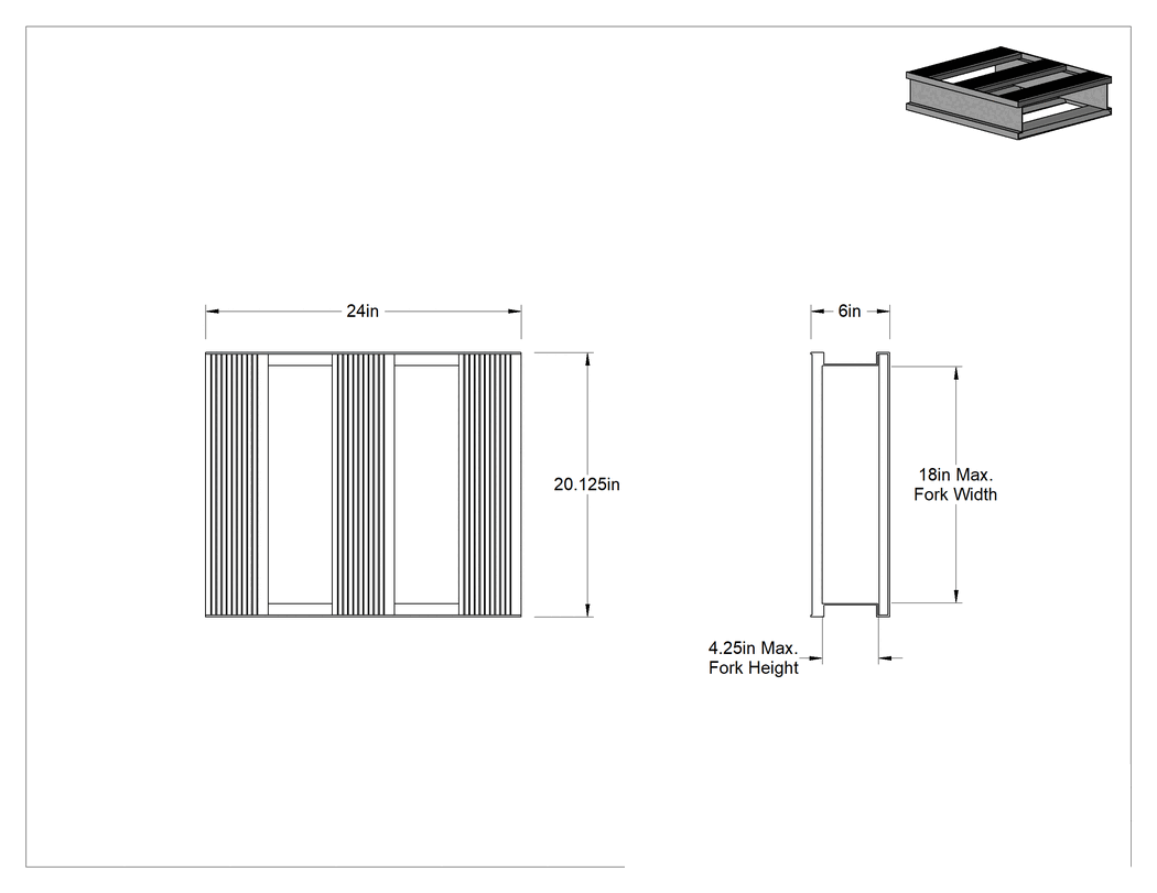 Teknik Çizim - Alüminyum Palet, Havalandırmalı Yüzey, 20" Genişlik x 24" Derinlik x 6" Toplam Yükseklik