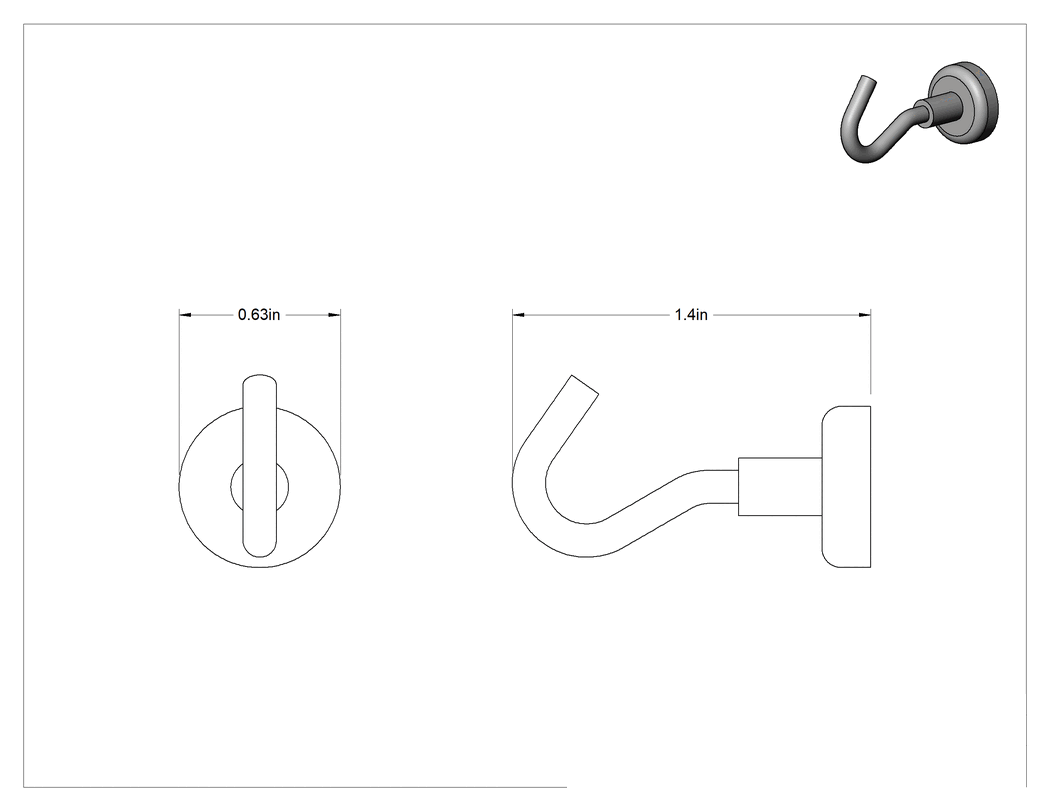 Teknik Çizim - Mıknatıslı Kanca, 5/8" Genişlik x 5/8" Yükseklik x 1-3/8" Derinlik