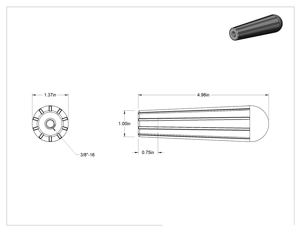 Teknik Çizim - Plastik Konik Sap, Yüksek Sıcaklık, 3/8"-16 Boyutunda 3/4" Derinlikte Dişli, 4-15/16" Uzunluk