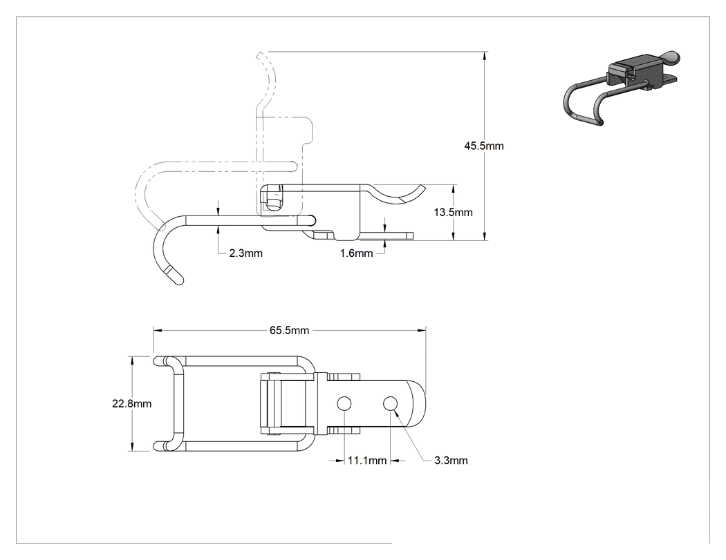 Teknik Çizim - Çekme Mandalı, Çakmasız, 304 Paslanmaz Çelik, 2-7/16" Uzunluk x 7/8" Genişlik