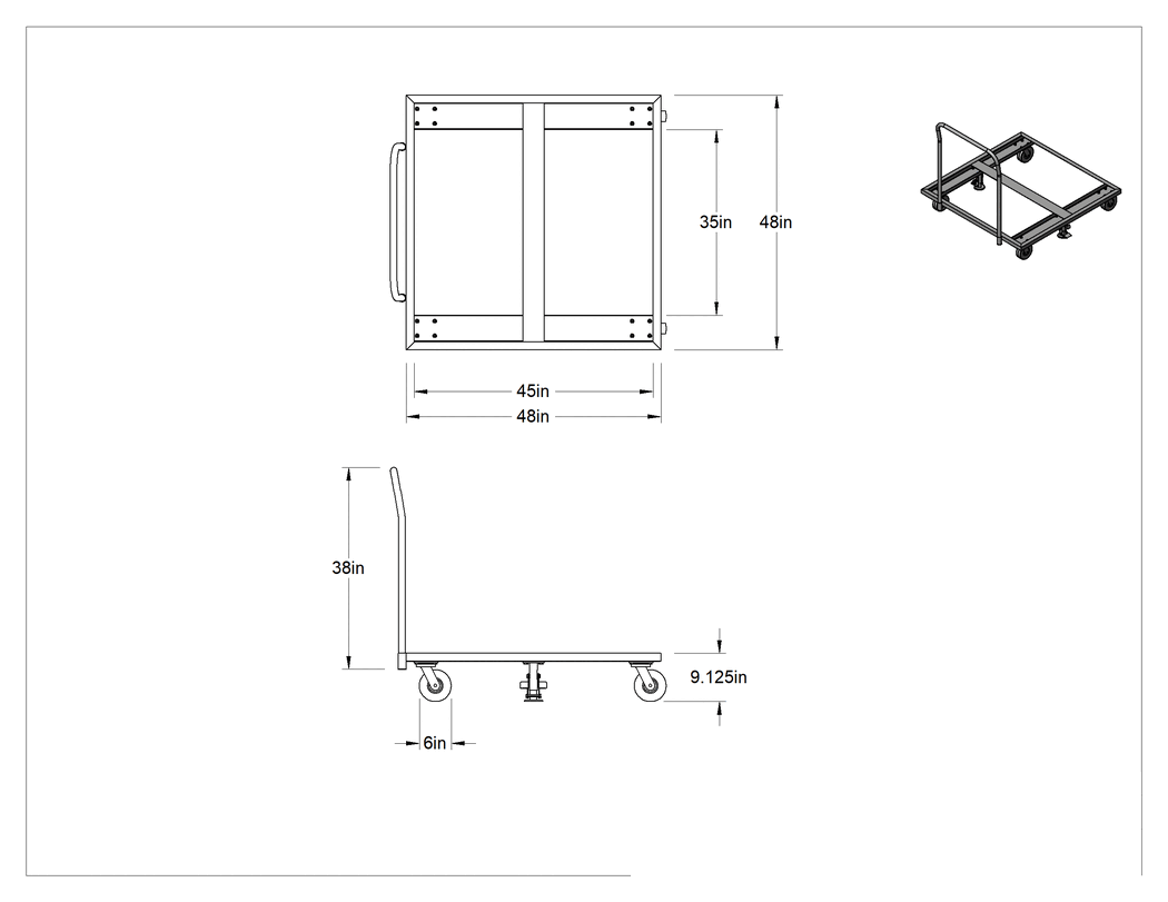 Teknik Çizim - Büyük Platformlu Çelik El Arabası, Dört Tekerlekli, 3600 lbs. Kapasite