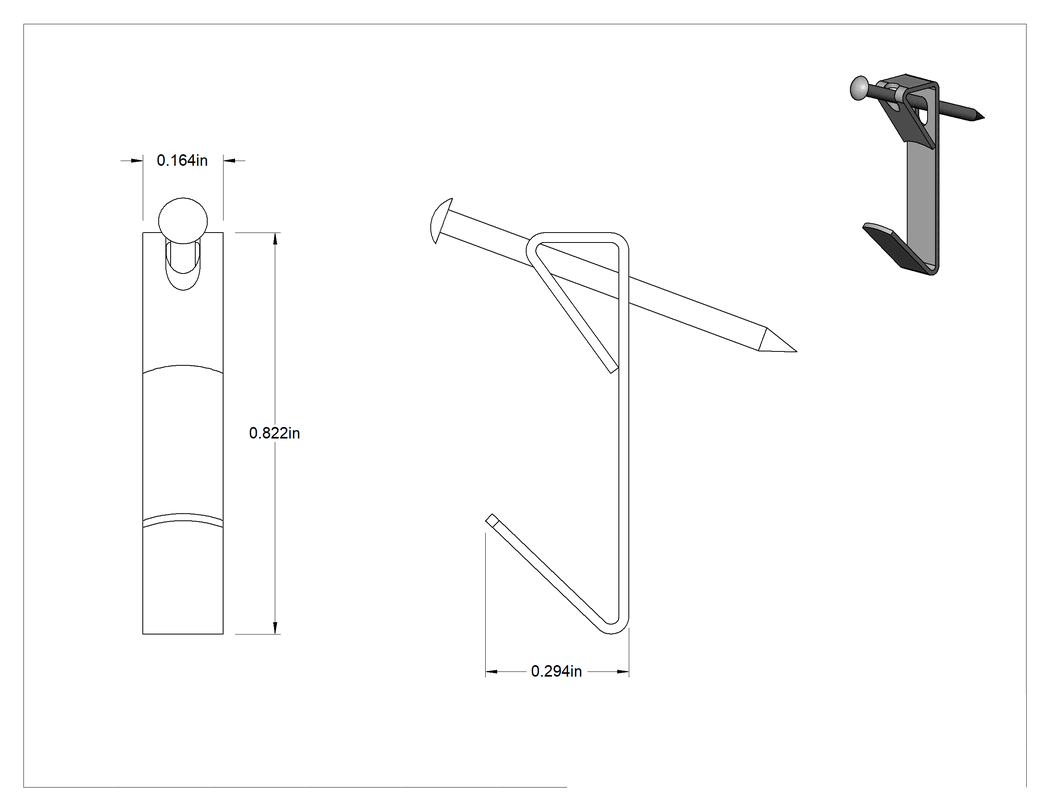 Teknik Çizim - Çivili Kancalar, 1/8" Çıkıntı, 1/4" Genişlik x 1/2" Yükseklik