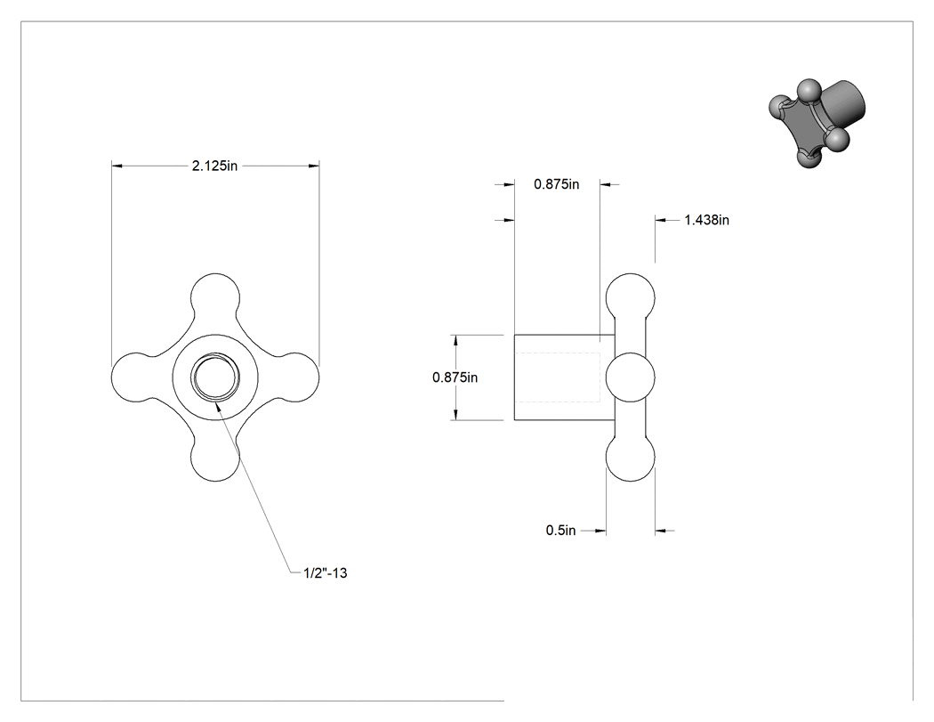 Teknik Çizim - Alüminyum dört kollu topuz, 1/2"-13 Dişli Delikli, 2-1/8" Genişliğinde Başlık