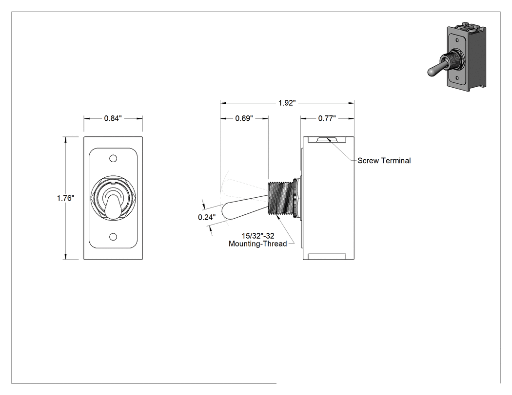Teknik Çizim - Yüksek Akımlı Basmalı Anahtar, 2 Konum, Vida Terminalleri, 1 Devre, 16A @ 125V AC