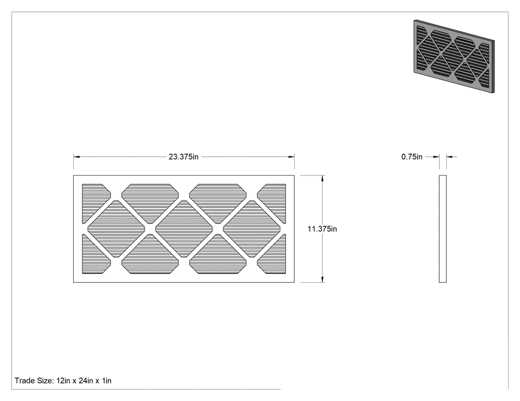 Teknik Çizim - Küf Dirençli Pileli Panel Hava Filtresi, 1" Kalınlık, 12 x 24 Ticaret, MERV 8