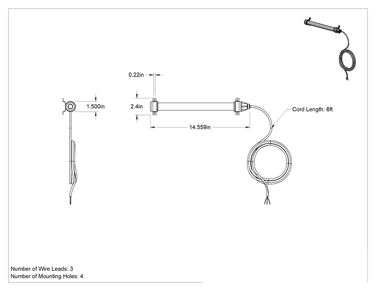 Teknik Çizim - Tehlikeli Ortam Şerit Makinesi Işığı, 12-30V DC, 14-5/8" Uzunluk x 1-1/2" Yükseklik x 2-1/2" Genişlik Toplam