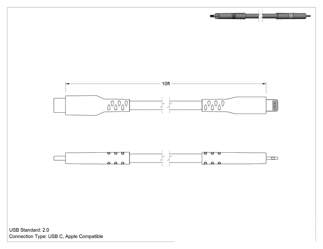 Teknik Çizim - Uzun Ömürlü USB Kablosu, Çift Korumalı, USB-C x Apple Lightning Fişleri, 10'