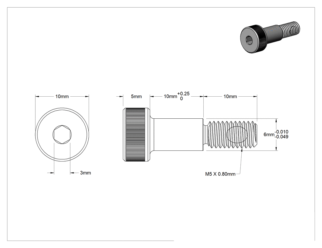 Teknik Çizim - Alaşımlı Çelik Diş Kilitli Omuz Vidası, 6 mm Omuz Çapı, 10 mm Omuz Uzunluğu, M5 x 0.8 mm Diş