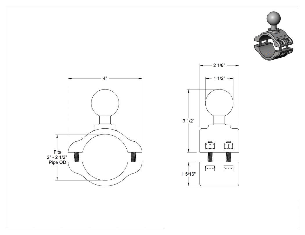 Teknik Çizim - 3-1/2" Yükseklikli Boru Montajlı Kelepçeli Taban, Top Tutma Konumlandırma Kolu için