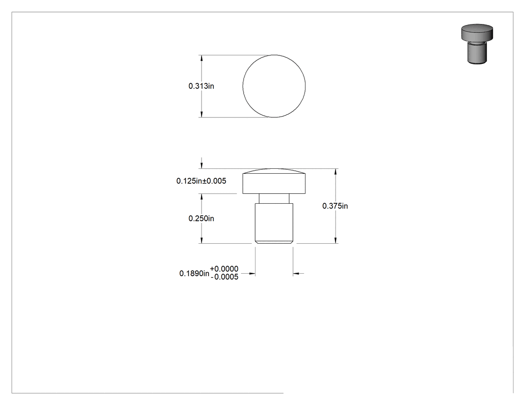Teknik Çizim - Kubbeli Başlı Yerleştirme ve Destek Düğmesi, Paslanmaz Çelik, 5/16" Çap, 1/8" Uzunluk