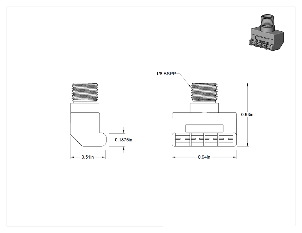 Teknik Çizim - Geniş Hava Akışlı Hava Nozulu, Dikey, Çinko, 1/8 BSPP Erkek, 13 CFM @ 85 PSI