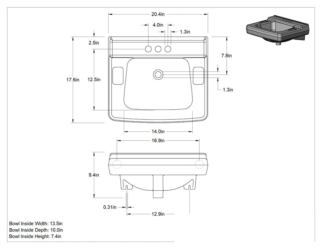 Teknik Çizim - Beyaz Porselen Duvara Monte Lavabo, 20-3/8" Genişlik x 17-5/8" Derinlik x 9-3/8" Toplam Yükseklik
