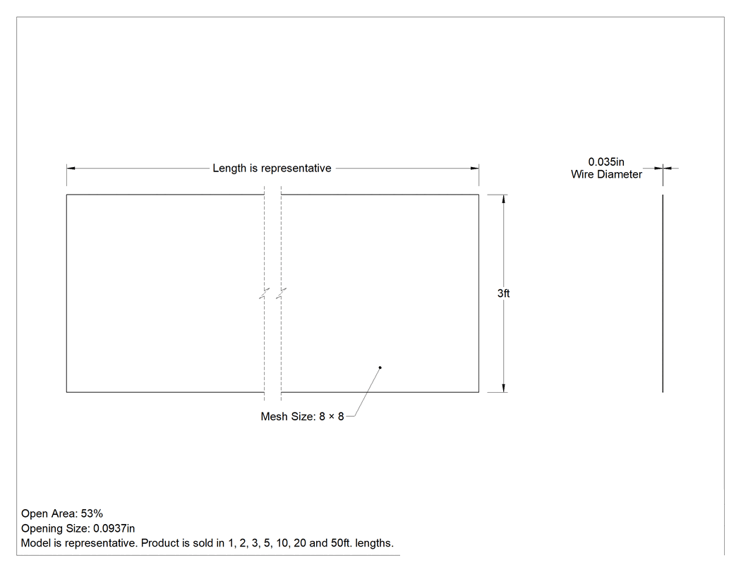 Teknik Çizim - Neme Dayanıklı Plastik Filtre Ağı, 8 x 8 Örgü Boyutu, 40" Genişlik