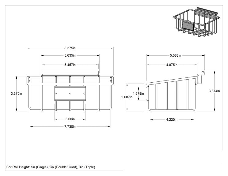 Teknik Çizim - T-Yivli Çerçeve, 1" Yüksekliğinde Tek Raylı Sepet, 8-3/8" Genişlik. Siyah