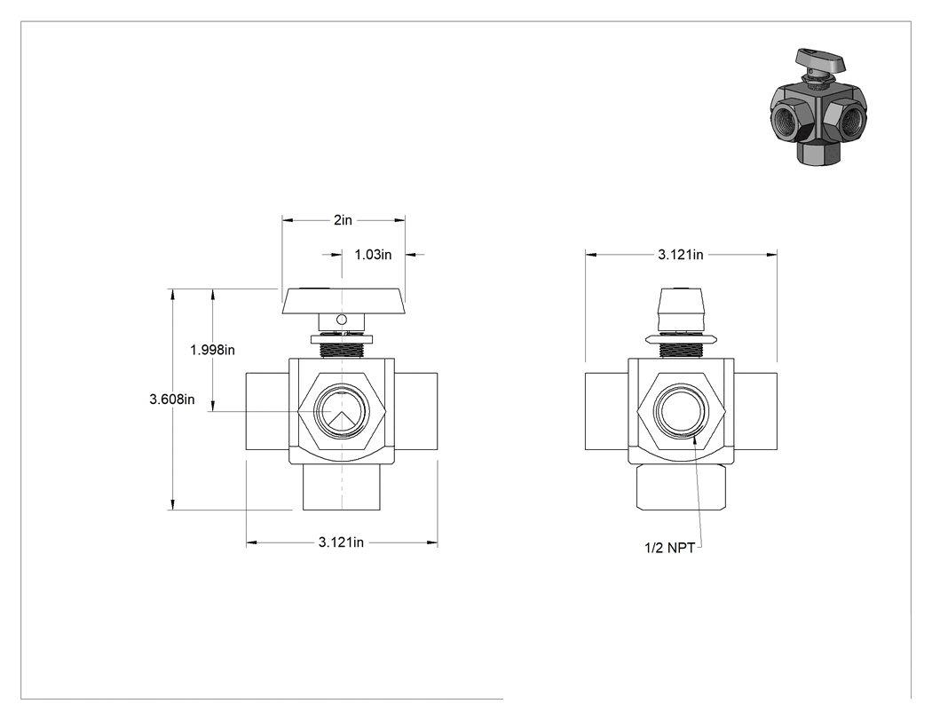 Teknik Çizim - Panele Monte Dişli Yön Değiştirme Valfi, L-Desenli Akış, Pirinç Gövde, 1/2 NPT Dişi, 3.34 Cv