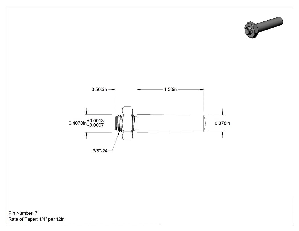 Teknik Çizim - 12L14 Karbon Çelik Dişli Konik Pim, 7 Numaralı Pim, 0.407" Genişliğinde Uç Çapı, 1-1/2" Uzunluk