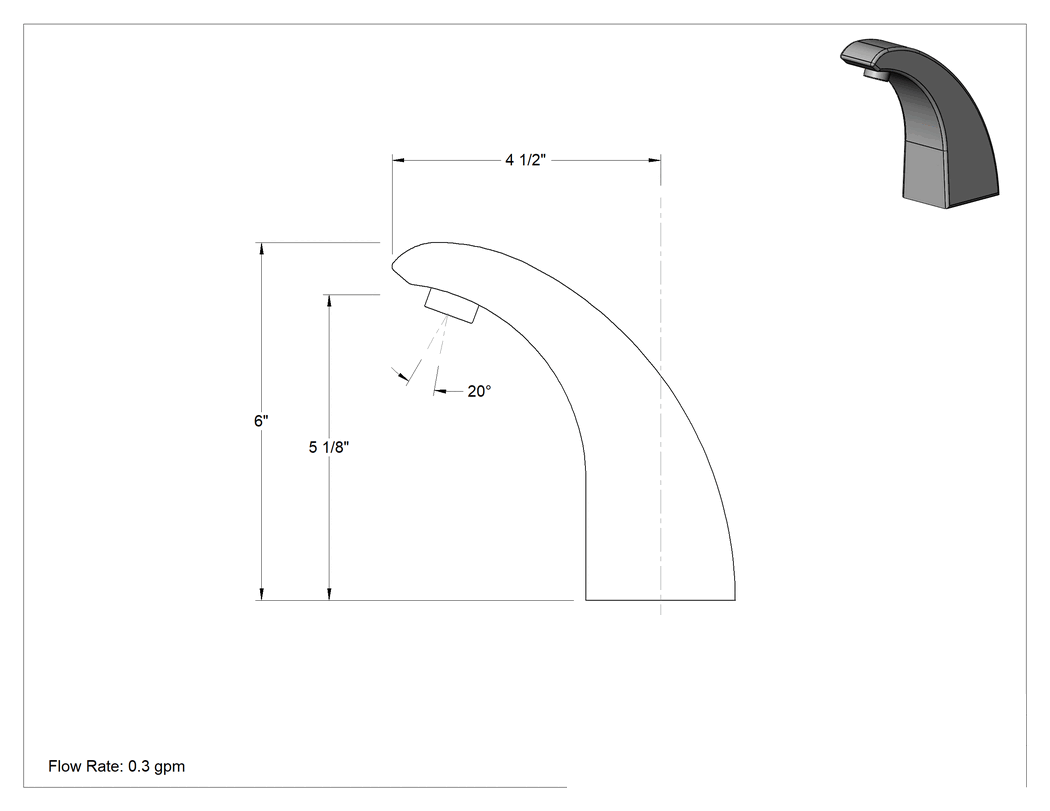 Teknik Çizim - Dokunmasız Lavabo Bataryası, Elektrikli, 1 Alt Giriş, 0.3 gpm, 4-1/2" Çıkıntı Uzunluğu
