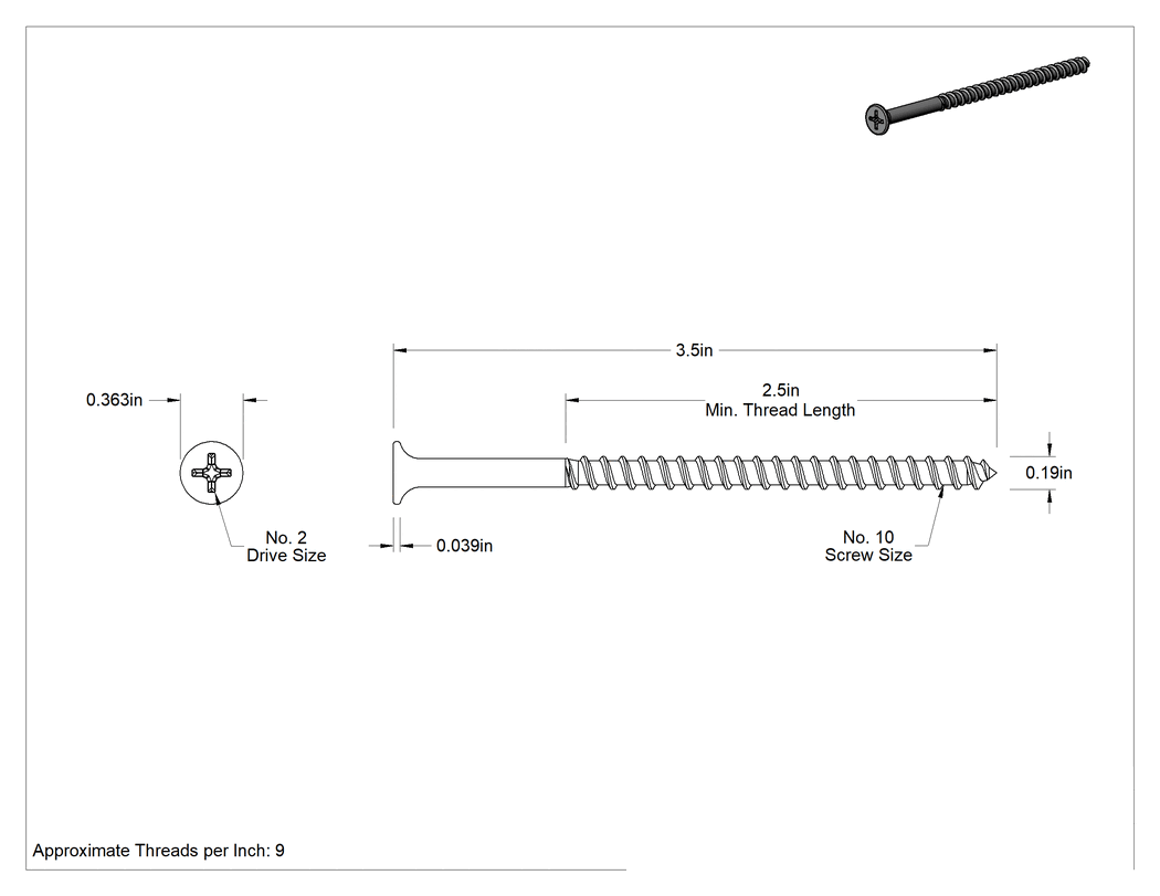 Teknik Çizim - Ahşap için Alçıpan Vidası, Çinko Sarı Kromat Kaplı Çelik, 10 Numaralı Boyut, 3-1/2" Uzunluk