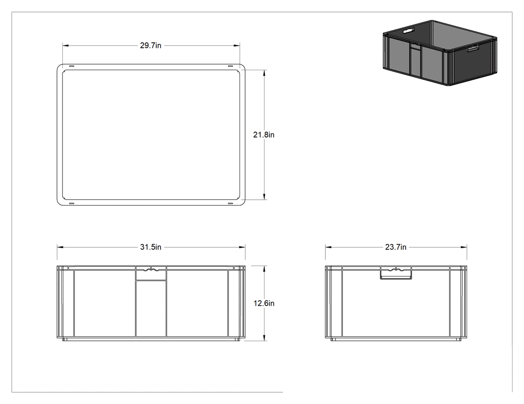 Teknik Çizim - İstiflenebilir Polipropilen Taşıma Kutusu, 32" x 24" x 12-3/4", Gri