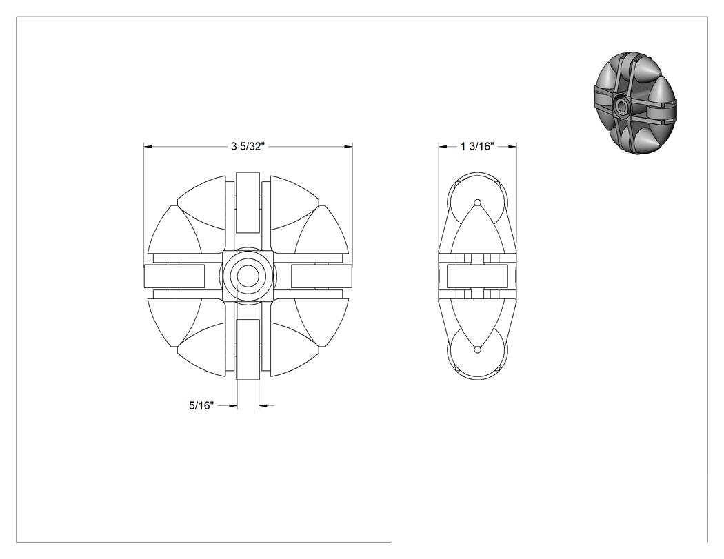 Teknik Çizim - Asetal Çok Yönlü Paten Tekerleği, 3-5/32" Çapında Bir Tekerlekli Düz Delikli, 5/16" Aks Çapı için