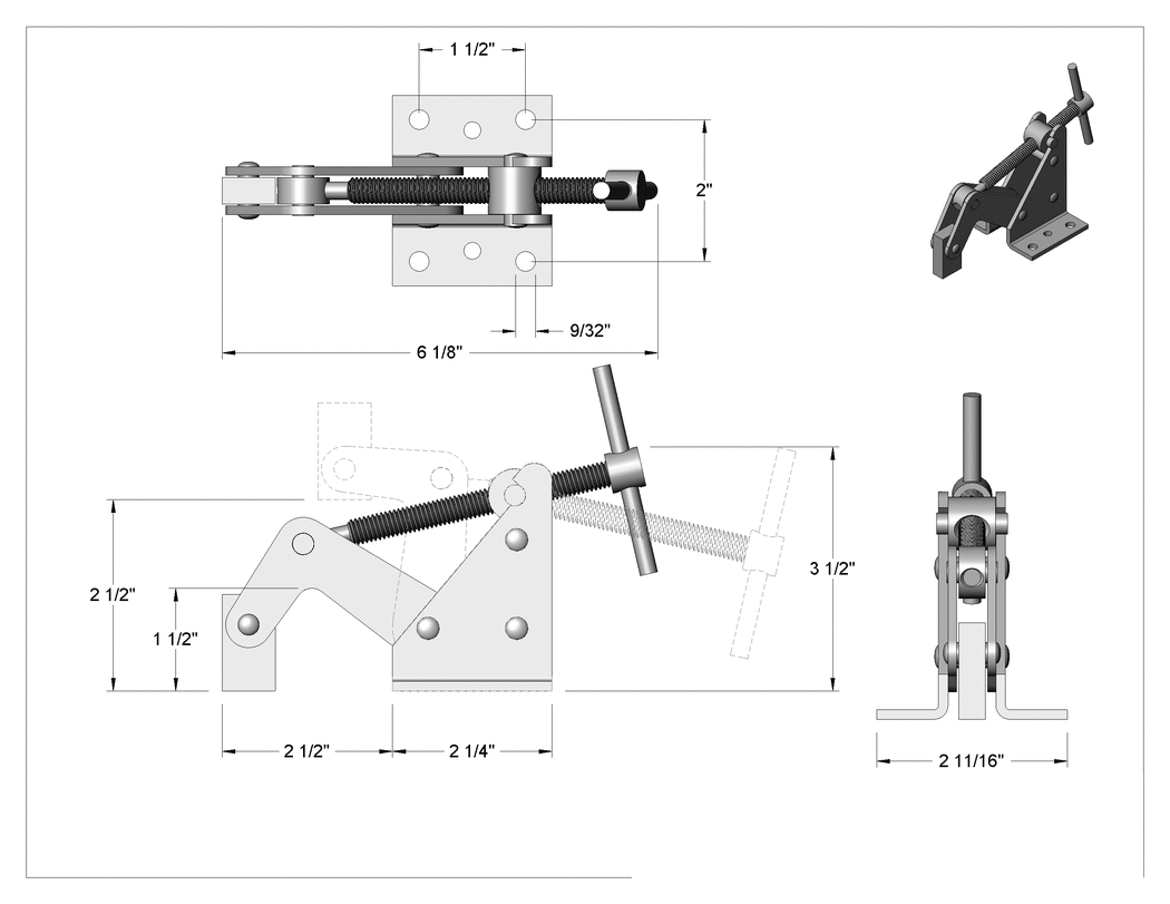 Teknik Çizim - Tezgah Montajlı Bükülmez C-Kelepçesi, 2-1/2" Maksimum Sıkıştırma Boşluğu