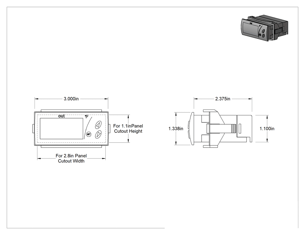 Teknik Çizim - Açma/Kapama Sıcaklık Kontrol Cihazı, Tuş Takımlı, 120 V AC Giriş Gerilimi