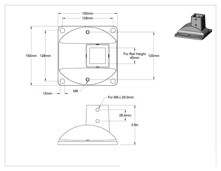 Teknik Çizim - T-Yivli Çerçeve, 40 mm Yüksekliğinde Tek Ray için Gümüş Direk Taban Montajı