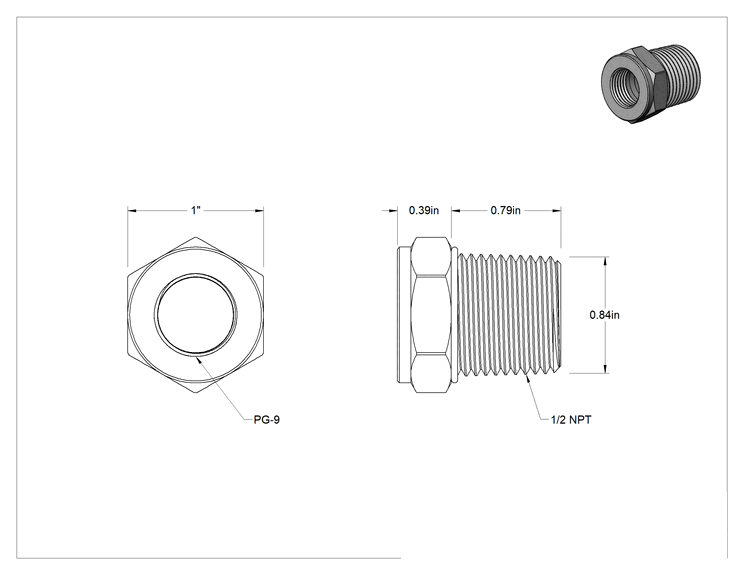 Teknik Çizim - Dişli Adaptör, Nikel Kaplı Pirinç, PG-9 Dişi - 1/2 NPT Erkek