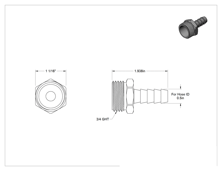 Teknik Çizim - 303 Paslanmaz Çelik Düz Adaptör, 1/2" Tırnaklı Hortum İç Çapı x 3/4 GHT Erkek