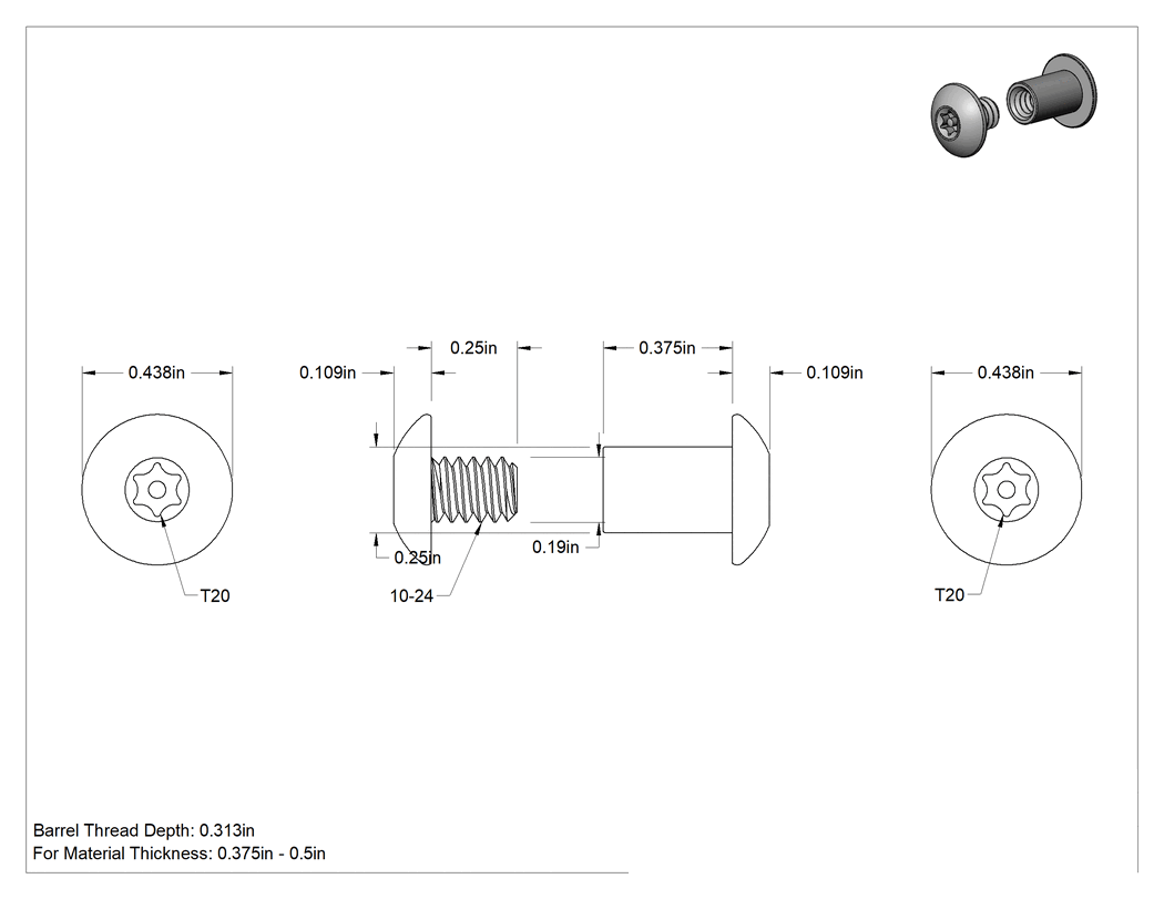 Teknik Çizim - Kurcalamaya Dayanıklı Torx Bağlama Silindiri ve Vida, 10-24 Diş Boyutu, 3/8"-1/2" Malzeme Kalınlığı için
