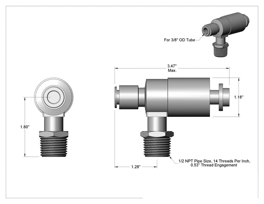 Teknik Çizim - Dirsek Hava Tahliye Akış Kontrol Vanası, 1/2 NPT Giriş x 3/8" Push-Connect Çıkış, 51.09 scfm