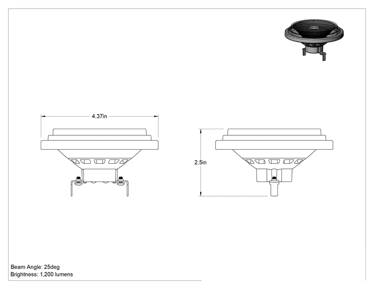 Teknik Çizim - Temas Pabuçlu Tabanlı Ampul, Numara AR111, 100W Akkor Eşdeğeri, 25 Derece Geniş Işın
