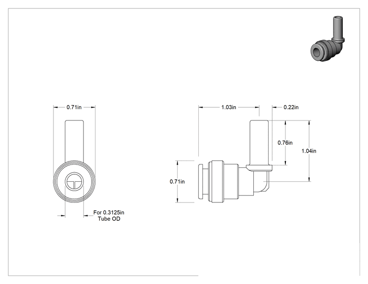 Teknik Çizim - Bas-Bağlantı Elemanı, 90 Derece Adaptör, 5/16" Mil Dış Çapı x 5/16" Boru Dış Çapı, Siyah