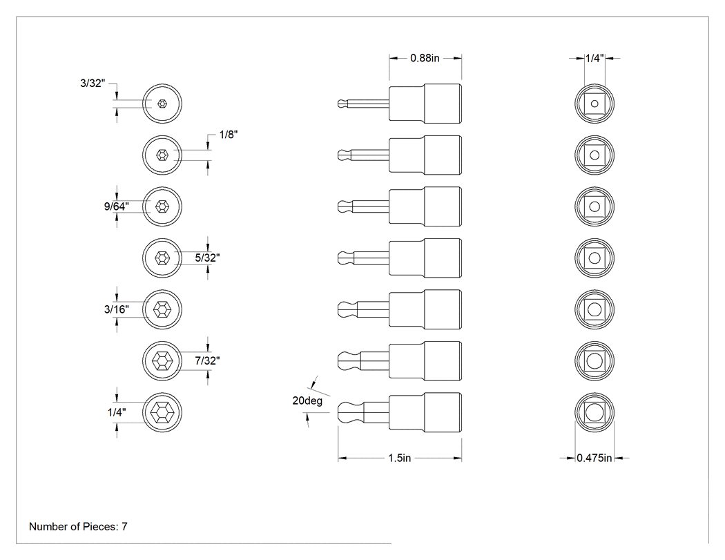Teknik Çizim - 7 Parça Top Uçlu Altıgen Uçlu Soket Seti, 1/4" Kare Tahrik