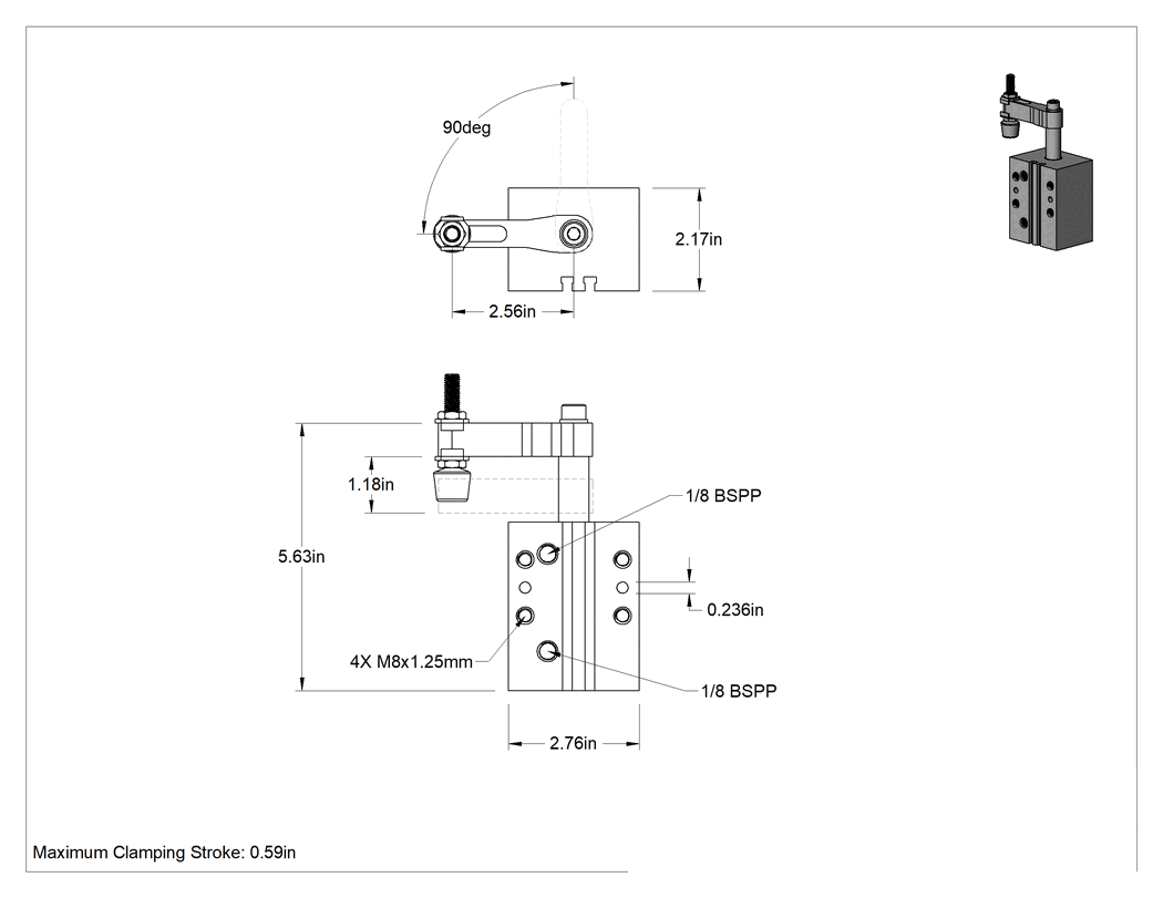 Teknik Çizim - Havalı Sabitleme Fikstürü Kelepçesi, Saat Yöneri Dönüş, 3-5/8" Sıkıştırma Boşluğu