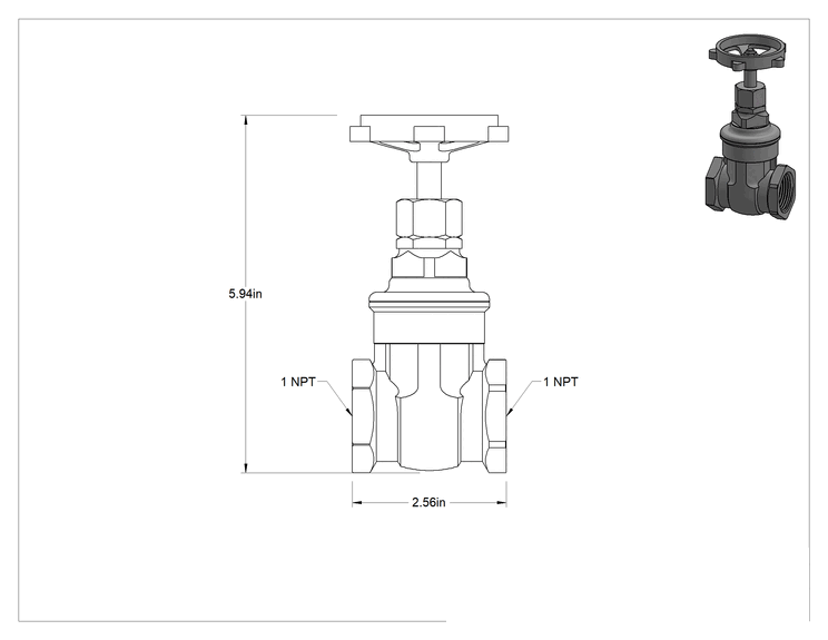Teknik Çizim - Bronz Gövde ve Sürgülü Kademeli Açma/Kapama Vanası, Tekerlek Kolu ve Yükselmeyen Mil, Sınıf 150, 1 NPT Dişi