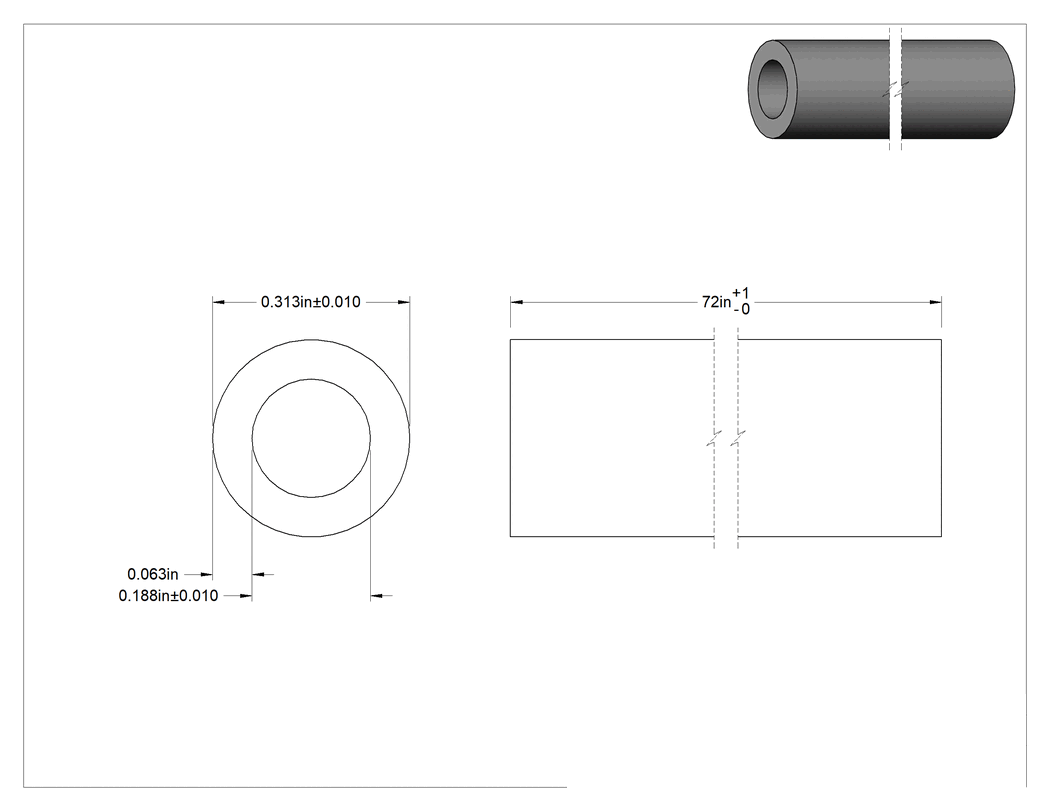 Teknik Çizim - Şeffaf Kolay Şekillendirilebilir PETG Tüp, 5/16" Dış Çap x 3/16" İç Çap, 6 Fit Uzunluk