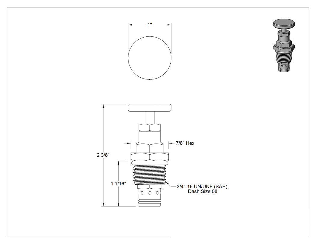 Teknik Çizim - Vidalı Hidrolik Akış Ayar Valfi, 3/4"-16 Diş, 08 Çizgi Boyutu