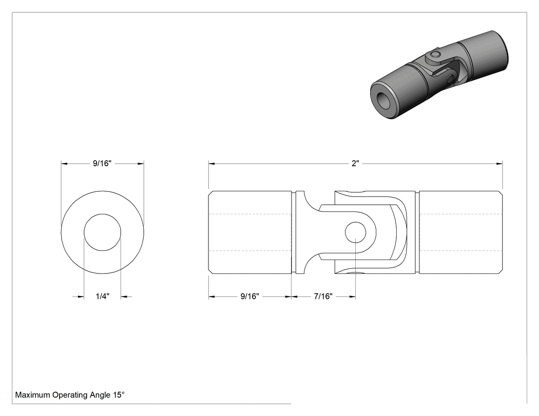 Teknik Çizim - Pim ve Bloklu Tekli U-Mafsal, Çinko, 1/4" Çap x 9/16" Derinlik Yuvarlak Mil için