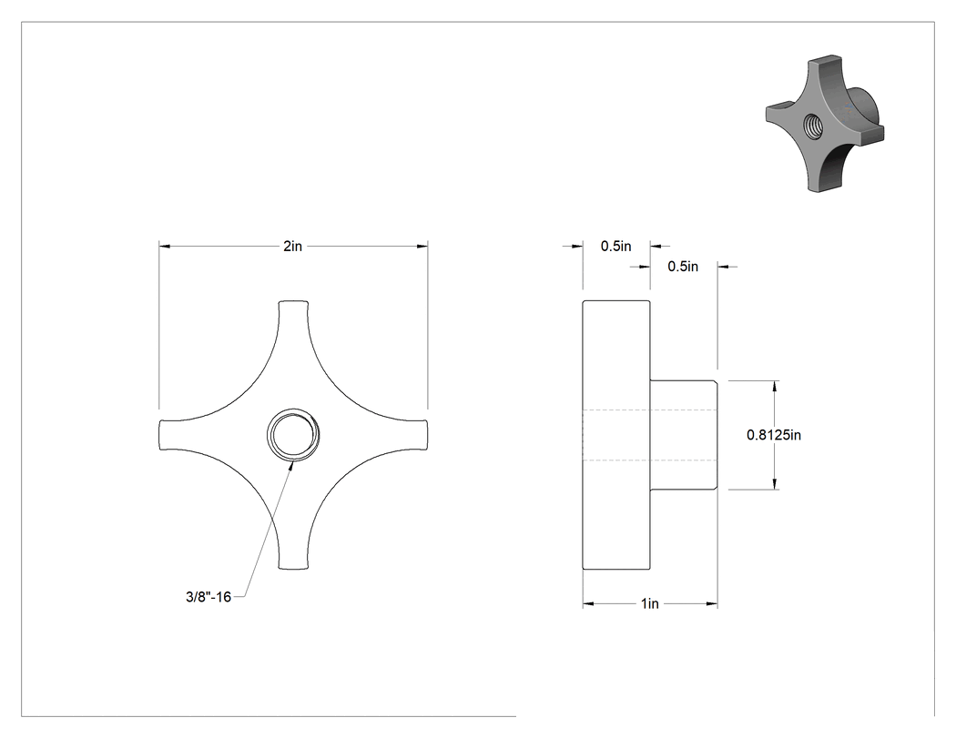 Teknik Çizim - Pirinç Topuz, 3/8"-16 Dişli Delikli, 4-Arm