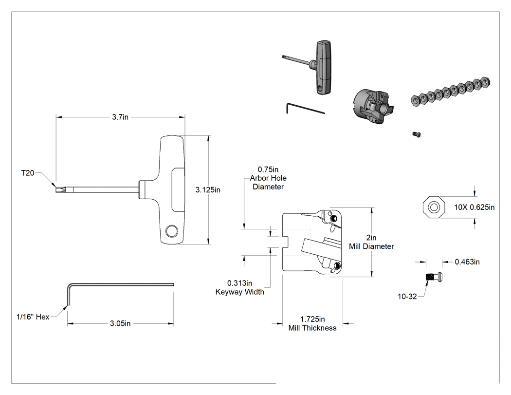Teknik Çizim - Değiştirilebilir Karbür Uçlu Freze Bıçağı, Sertleştirilmiş Çelik ve Takım Çeliği için Kit, Sekizgen Ek Parça, 2 inç Çap