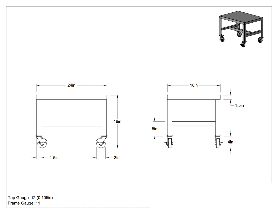 Teknik Çizim - Çelik Masa, Düşük Profilli, Mobil, 18" Yükseklik, 24 inç Genişlik, 18" Derinlik, 500 lbs. Kapasite