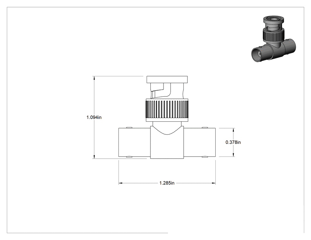 Teknik Çizim - BNC Koaksiyel Adaptör, Dişi x Erkek x Dişi, 50 Ohm