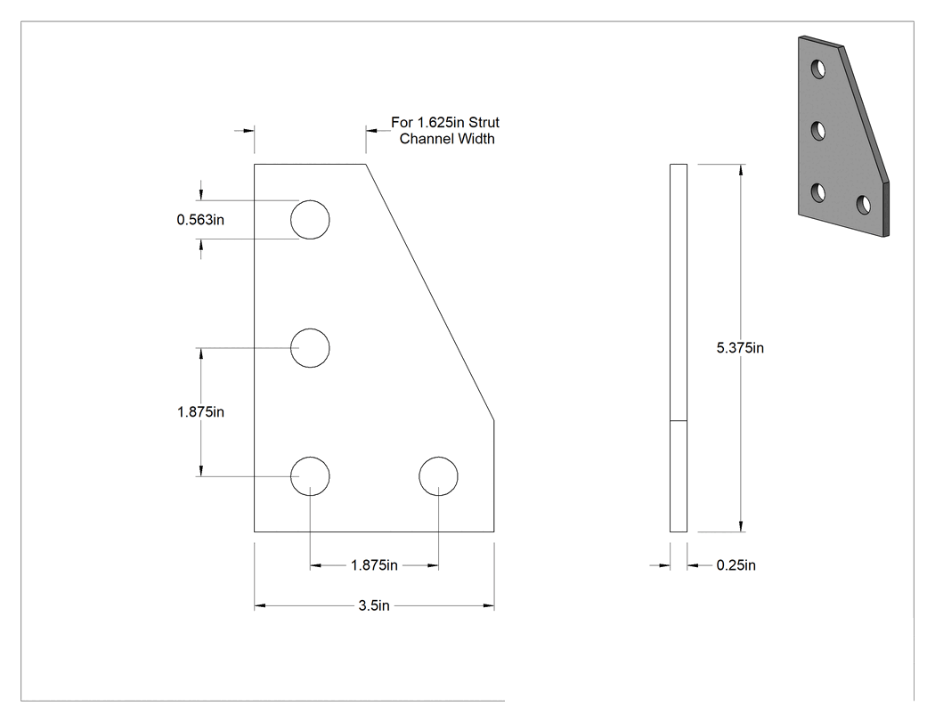 Teknik Çizim - Strut Kanalı Braketi, Dirsek, 316 Paslanmaz Çelik, 5-3/8" Uzunluk
